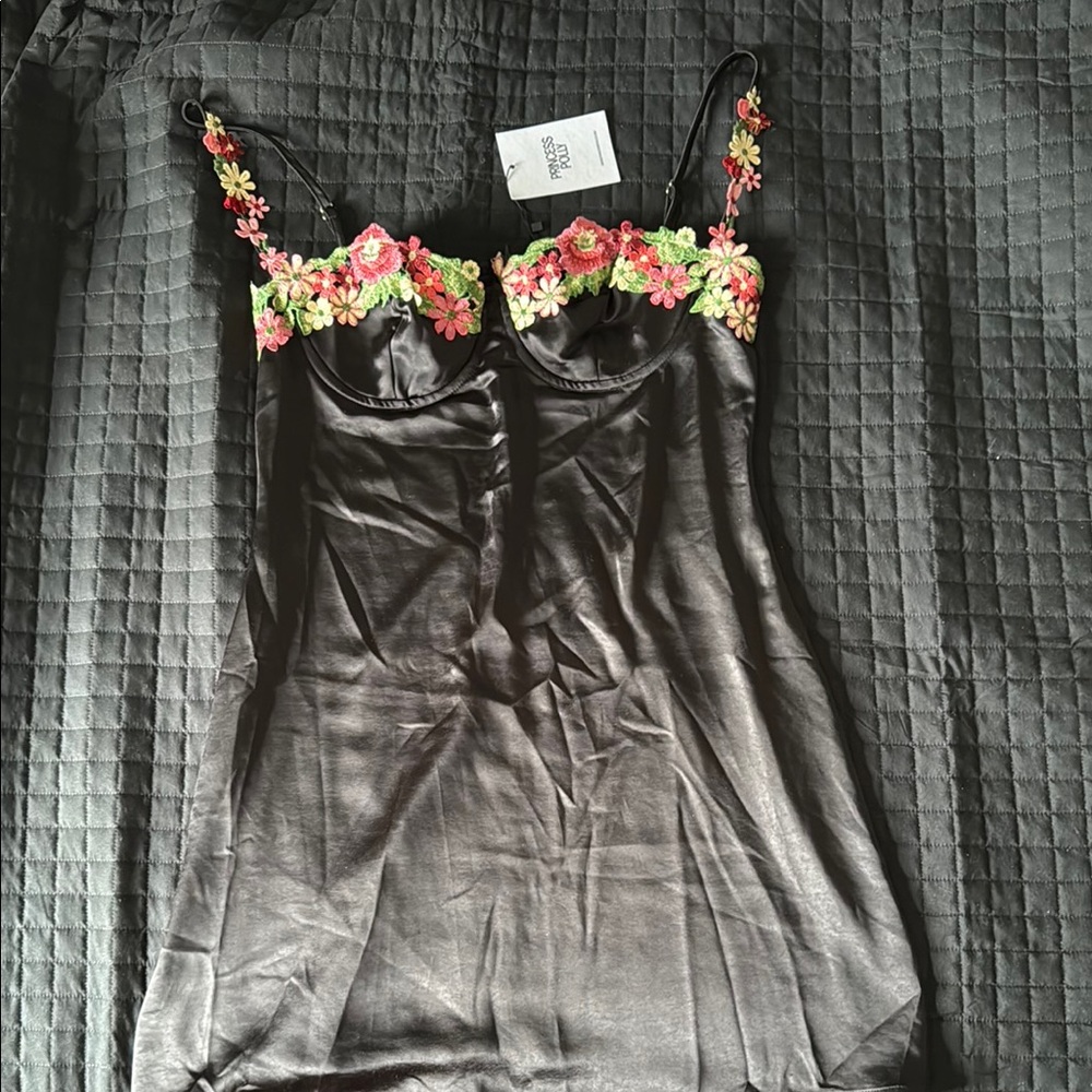 Floral Embroidered Black Satin dress